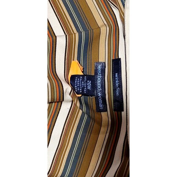 Westbound Woman 20W Plus Wrinkle Free Button Up Tan Navy Cream Stripe 3/4 Sleeve - Picture 6 of 6